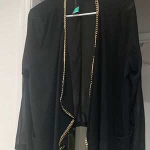 Black Open-Front Women’s Jacket with Gold Trim